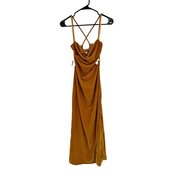 Staud Bellamy Stretch Velvet Sleeveless Strappy Caramel Midi Dress Size S NWT - Picture 2 of 5